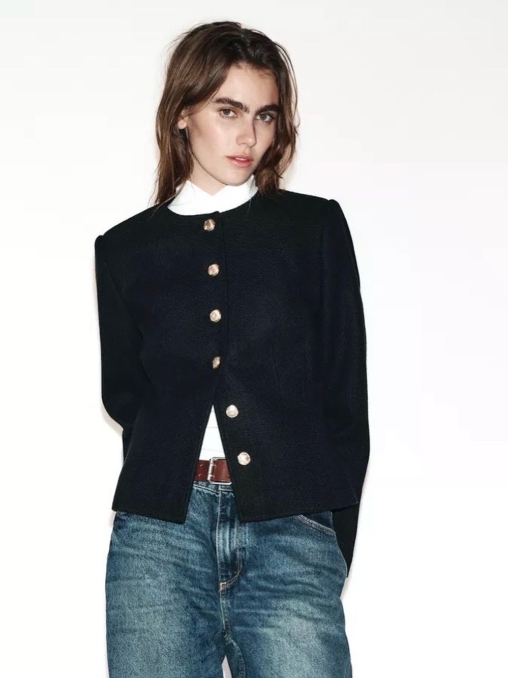 Zara NWT Black Collarless Gold Button Tailored Blazer Jacket